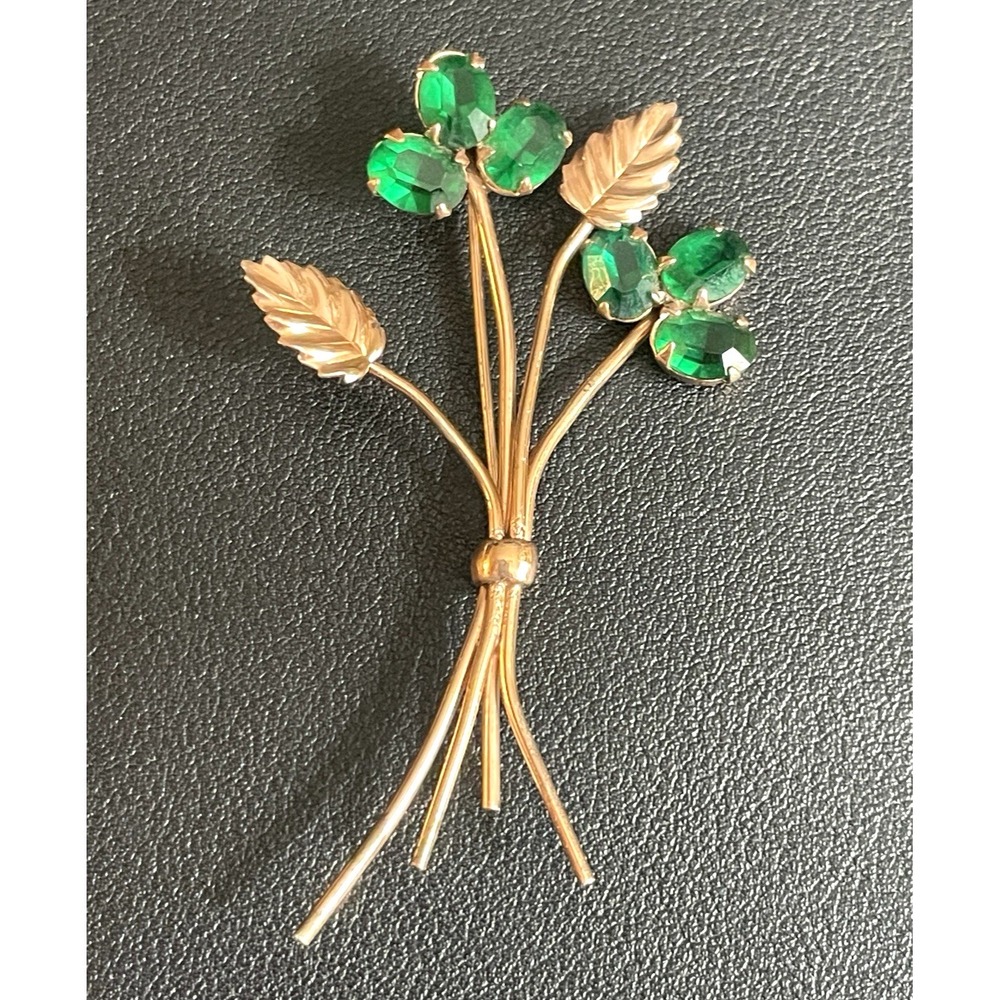 CORO Sterling Floral Brooch Rose Gold Tone Green Rhinestone Pin Delicate Vintage - Picture 1 of 9